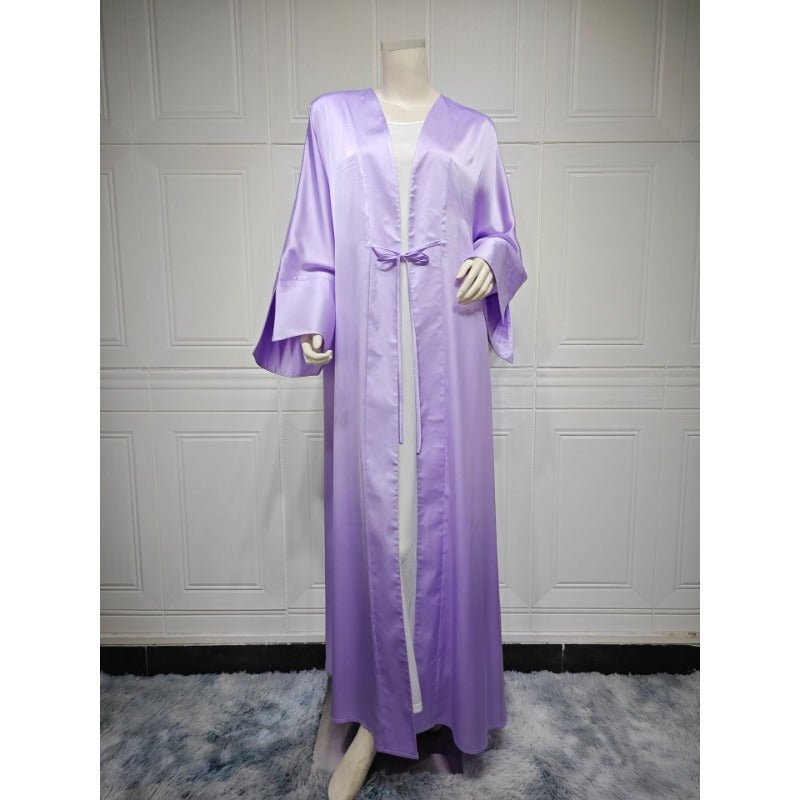 Elegant Satin Open - Front Abaya Robe | Solid Color Modest Dress with Flowy Bell Sleeves(MOA219) - Mariam's Collection