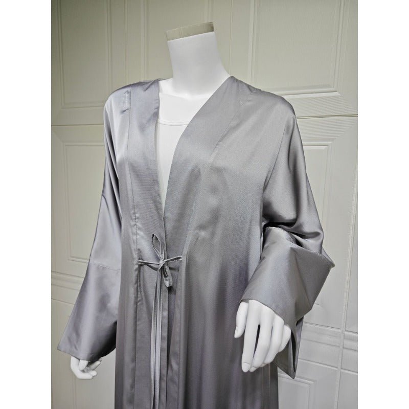 Elegant Satin Open - Front Abaya Robe | Solid Color Modest Dress with Flowy Bell Sleeves(MOA219) - Mariam's Collection