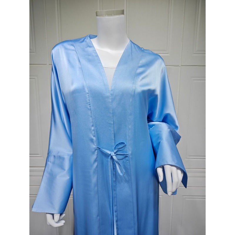Elegant Satin Open - Front Abaya Robe | Solid Color Modest Dress with Flowy Bell Sleeves(MOA219) - Mariam's Collection