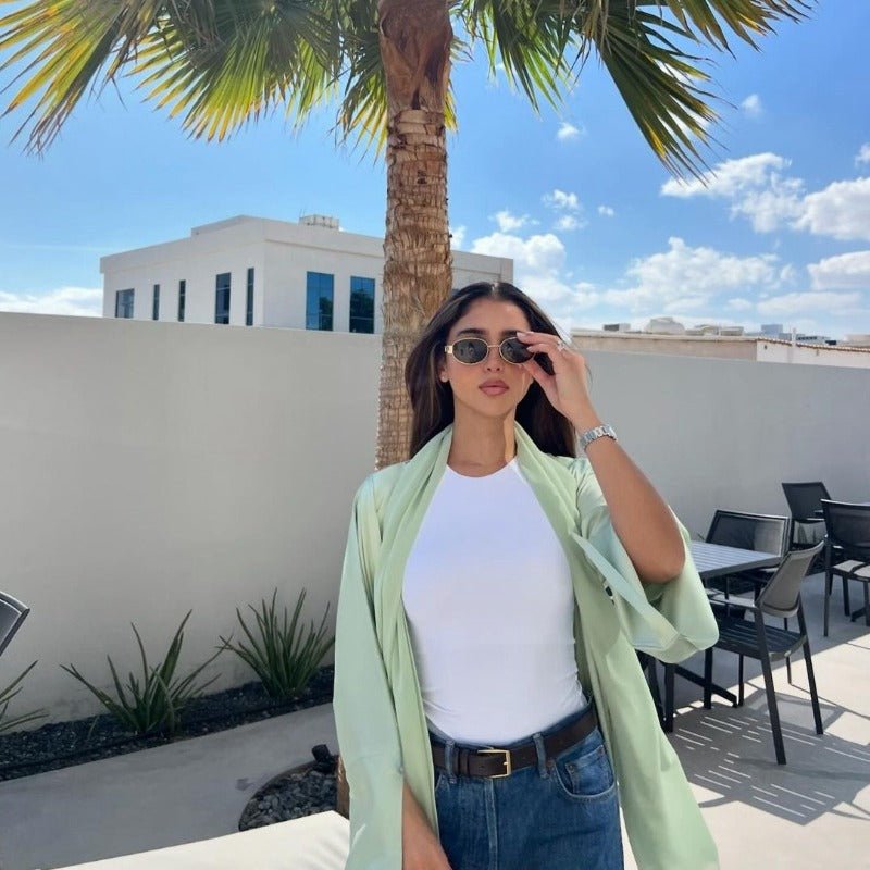 Elegant Satin Open - Front Abaya Robe | Solid Color Modest Dress with Flowy Bell Sleeves(MOA219) - Mariam's Collection