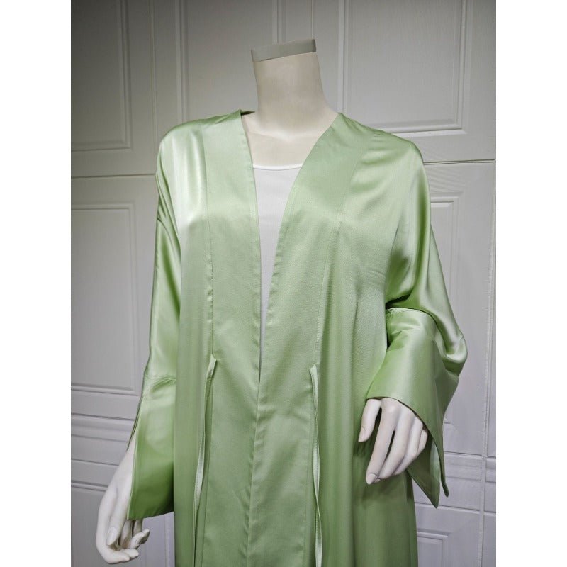 Elegant Satin Open - Front Abaya Robe | Solid Color Modest Dress with Flowy Bell Sleeves(MOA219) - Mariam's Collection