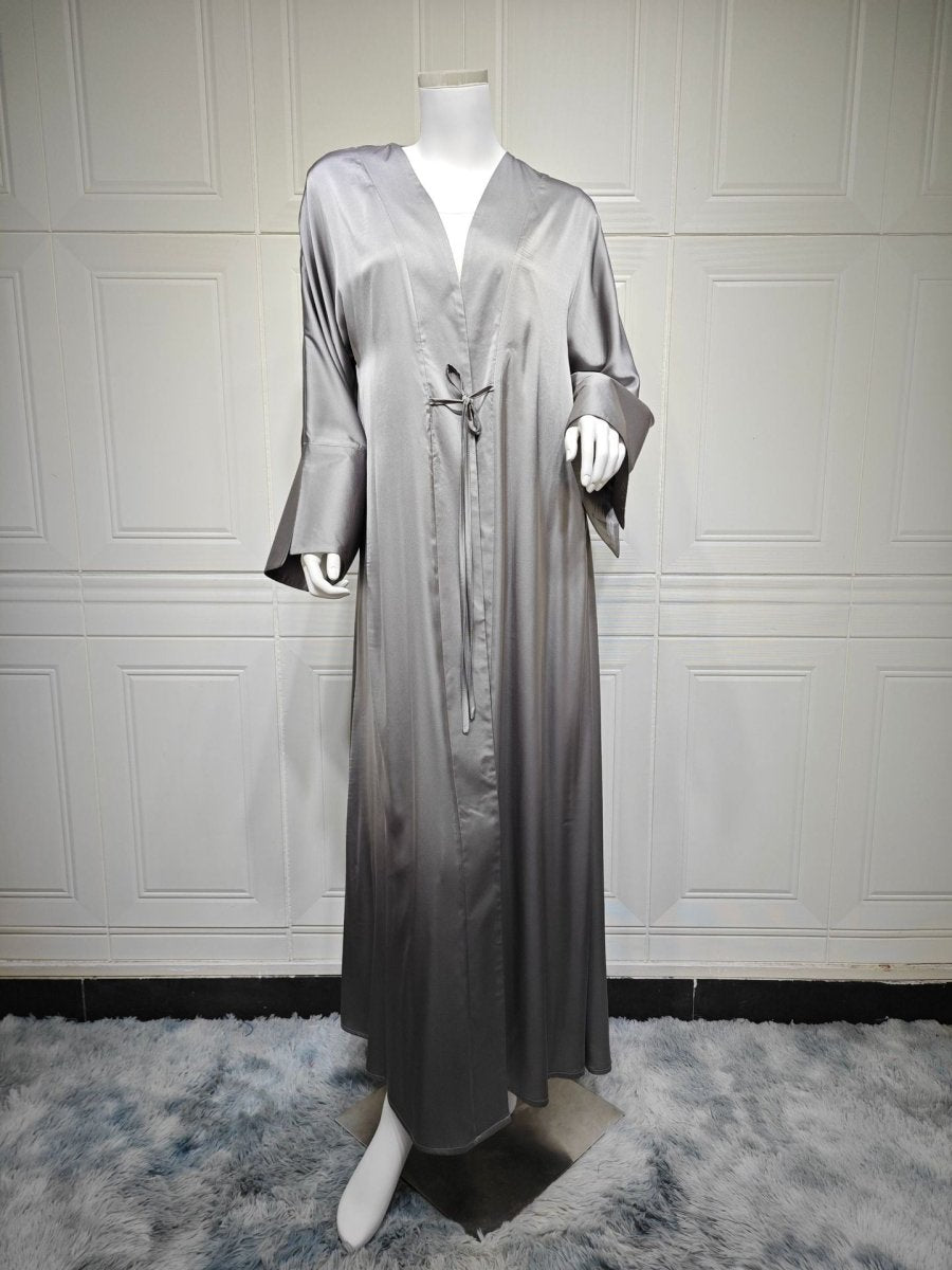 Elegant Satin Open - Front Abaya Robe | Solid Color Modest Dress with Flowy Bell Sleeves(MOA219) - Mariam's Collection