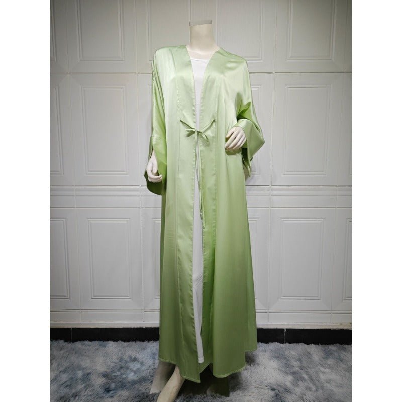 Elegant Satin Open - Front Abaya Robe | Solid Color Modest Dress with Flowy Bell Sleeves(MOA219) - Mariam's Collection
