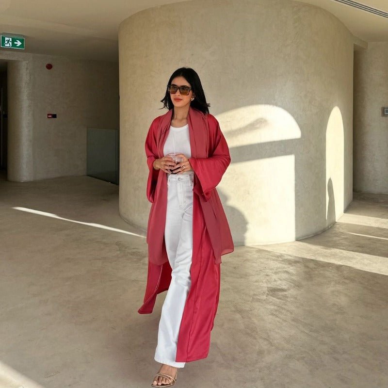 Elegant Satin Open - Front Abaya Robe | Solid Color Modest Dress with Flowy Bell Sleeves(MOA219) - Mariam's Collection