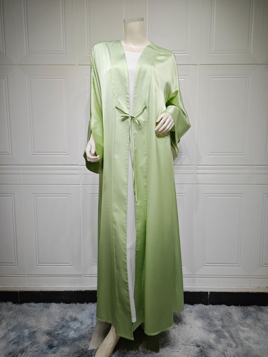 Elegant Satin Open - Front Abaya Robe | Solid Color Modest Dress with Flowy Bell Sleeves(MOA219) - Mariam's Collection