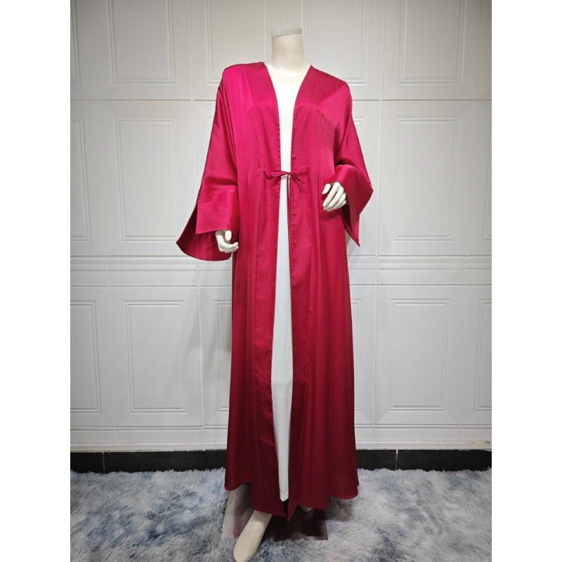 Elegant Satin Open - Front Abaya Robe | Solid Color Modest Dress with Flowy Bell Sleeves(MOA219) - Mariam's Collection