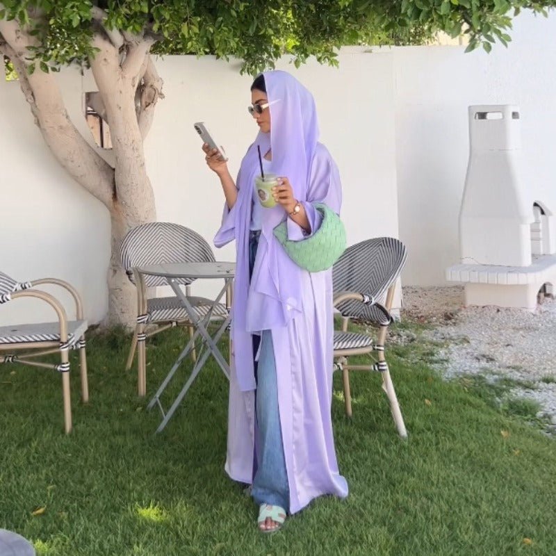 Elegant Satin Open - Front Abaya Robe | Solid Color Modest Dress with Flowy Bell Sleeves(MOA219) - Mariam's Collection