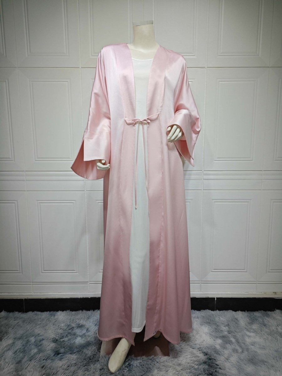 Elegant Satin Open - Front Abaya Robe | Solid Color Modest Dress with Flowy Bell Sleeves(MOA219) - Mariam's Collection