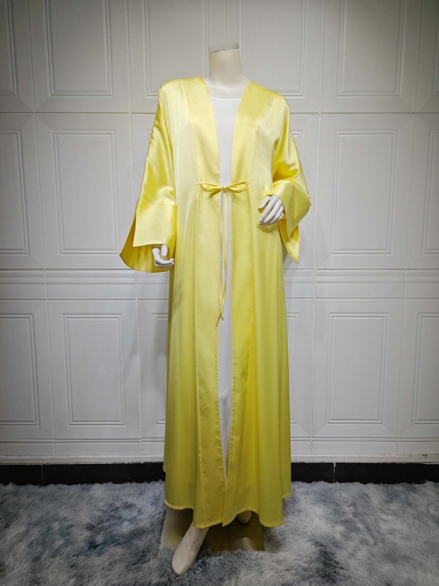 Elegant Satin Open - Front Abaya Robe | Solid Color Modest Dress with Flowy Bell Sleeves(MOA219) - Mariam's Collection