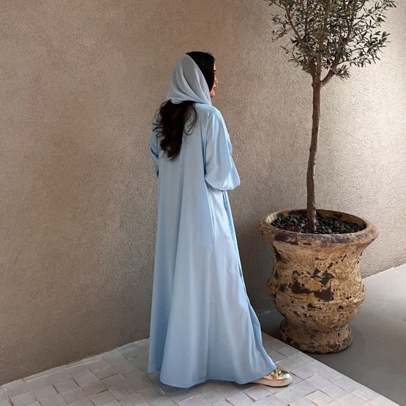 Elegant Satin Open - Front Abaya Robe | Solid Color Modest Dress with Flowy Bell Sleeves(MOA219) - Mariam's Collection