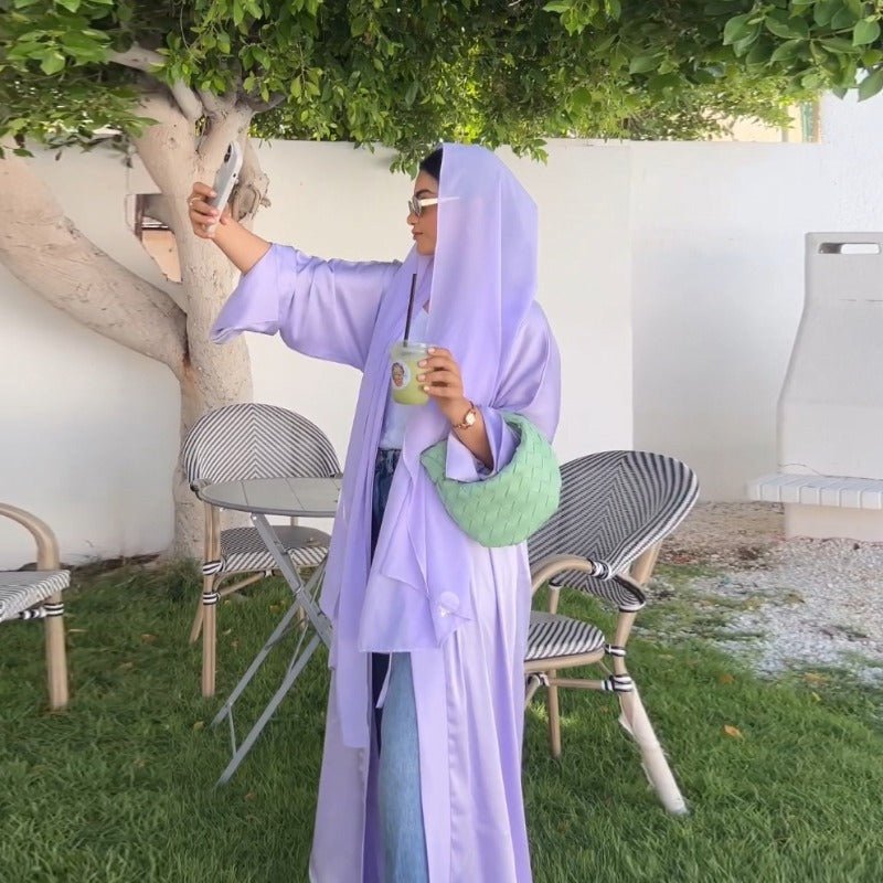 Elegant Satin Open - Front Abaya Robe | Solid Color Modest Dress with Flowy Bell Sleeves(MOA219) - Mariam's Collection