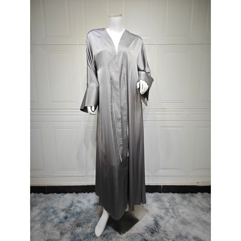 Elegant Satin Open - Front Abaya Robe | Solid Color Modest Dress with Flowy Bell Sleeves(MOA219) - Mariam's Collection