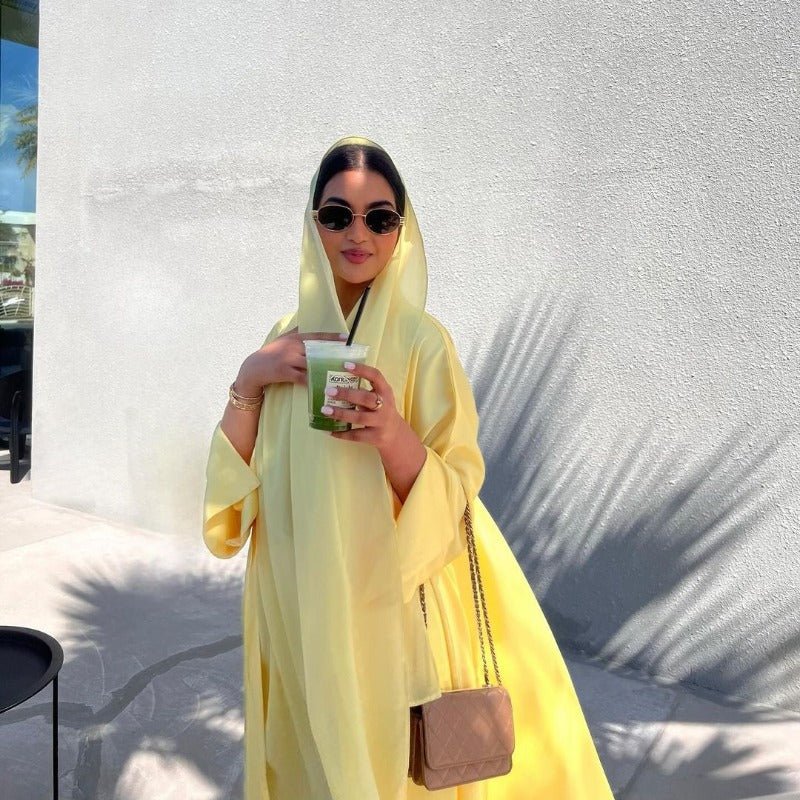 Elegant Satin Open - Front Abaya Robe | Solid Color Modest Dress with Flowy Bell Sleeves(MOA219) - Mariam's Collection