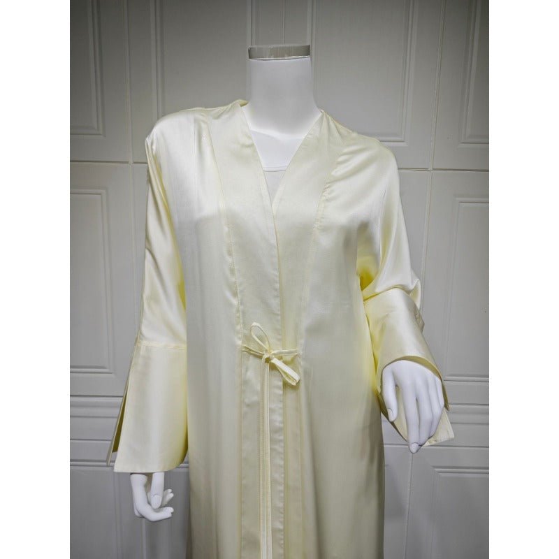 Elegant Satin Open - Front Abaya Robe | Solid Color Modest Dress with Flowy Bell Sleeves(MOA219) - Mariam's Collection