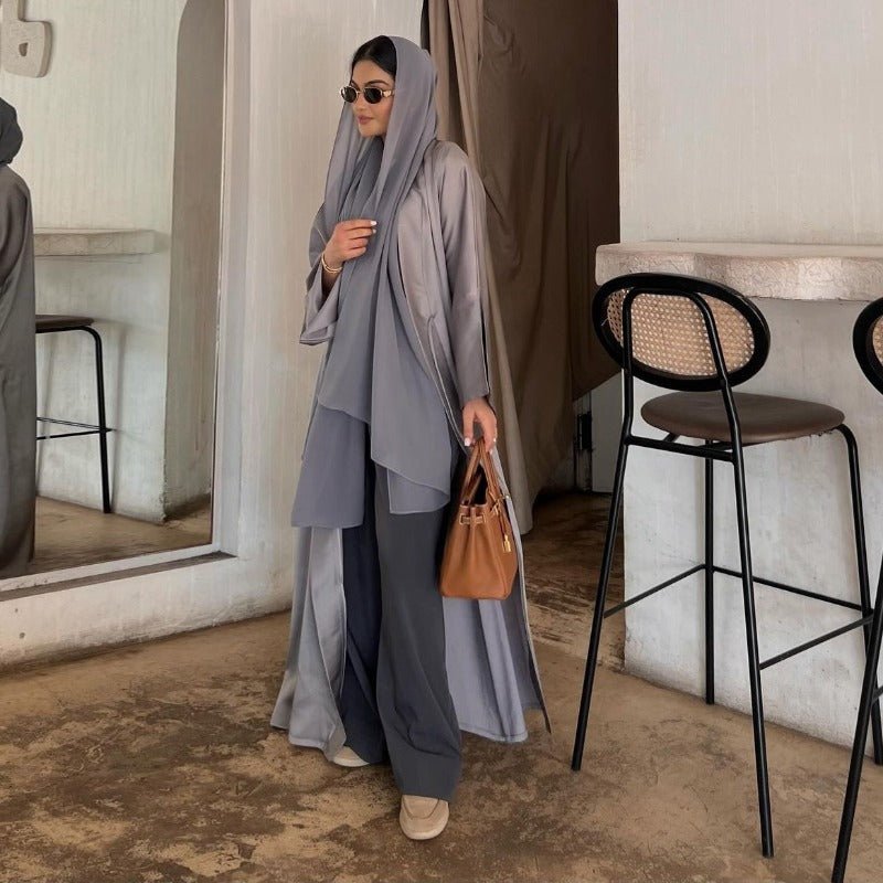 Elegant Satin Open - Front Abaya Robe | Solid Color Modest Dress with Flowy Bell Sleeves(MOA219) - Mariam's Collection