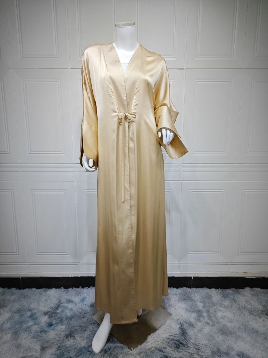 Elegant Satin Open - Front Abaya Robe | Solid Color Modest Dress with Flowy Bell Sleeves(MOA219) - Mariam's Collection