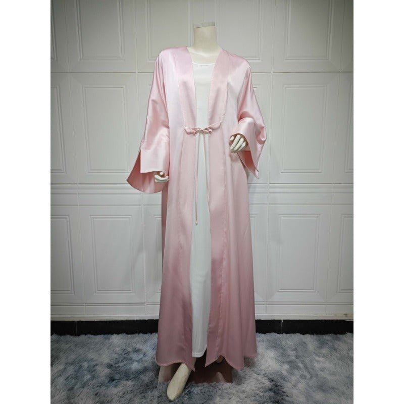 Elegant Satin Open - Front Abaya Robe | Solid Color Modest Dress with Flowy Bell Sleeves(MOA219) - Mariam's Collection
