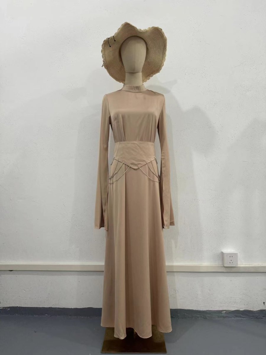 Elegant Semi - Turtleneck Long Sleeve Spring Court - Style Satin Dress Abaya. (MA194) - Mariam's Collection