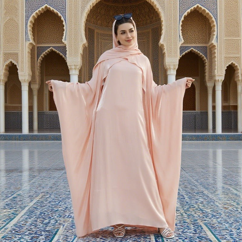 Elegant Shimmer Batwing Abaya Set with Hijab | Two - Piece Pullover Style Layered Look(MA315) - Mariam's Collection