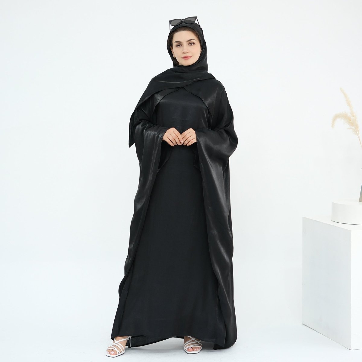 Elegant Shimmer Batwing Abaya Set with Hijab | Two - Piece Pullover Style Layered Look(MA315) - Mariam's Collection