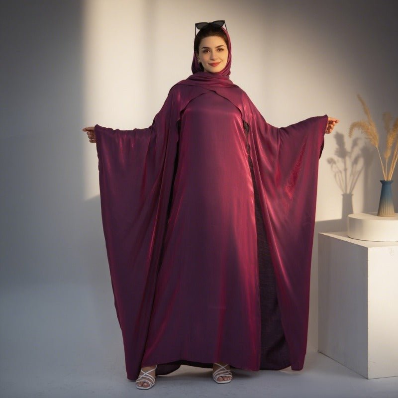 Elegant Shimmer Batwing Abaya Set with Hijab | Two - Piece Pullover Style Layered Look(MA315) - Mariam's Collection