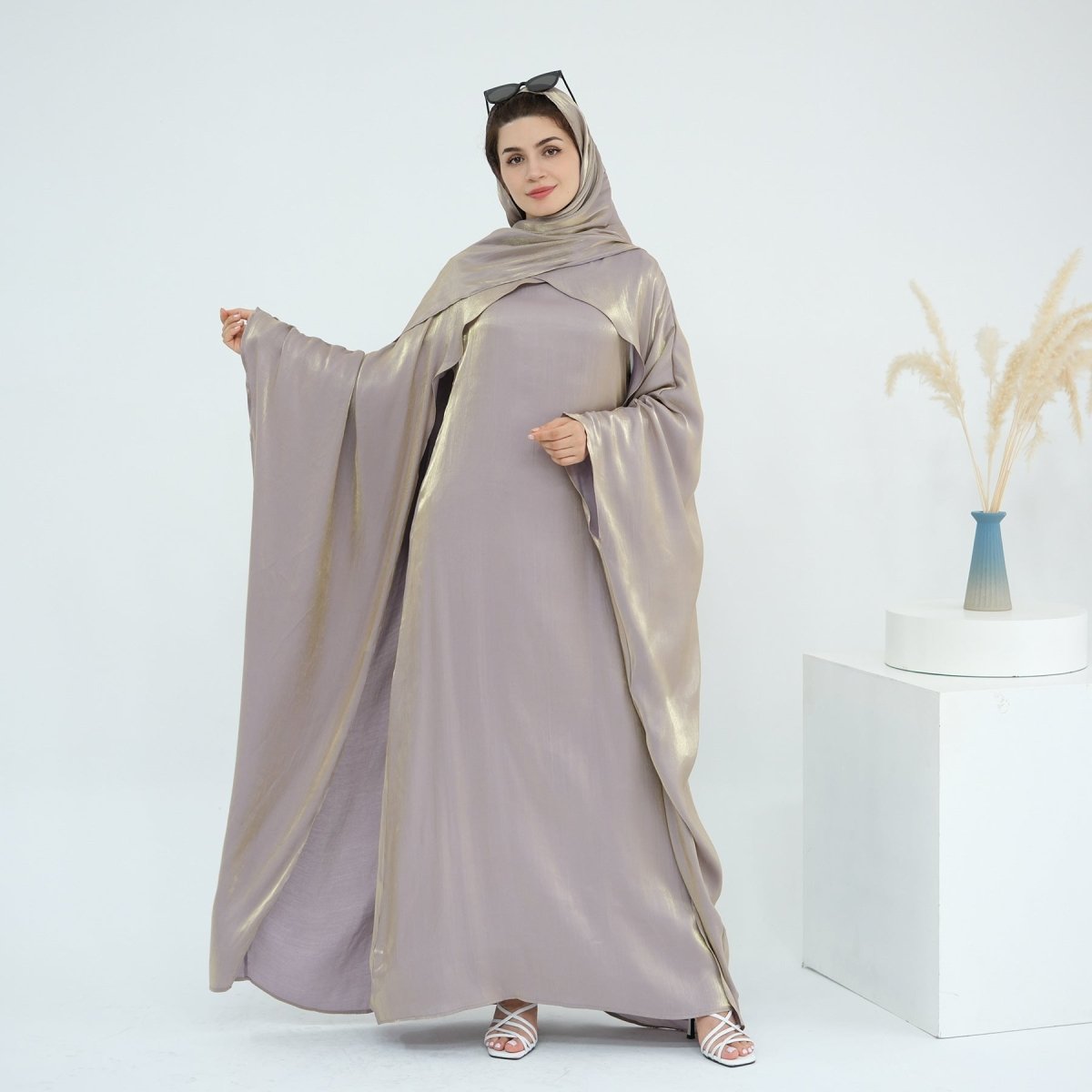 Elegant Shimmer Batwing Abaya Set with Hijab | Two - Piece Pullover Style Layered Look(MA315) - Mariam's Collection