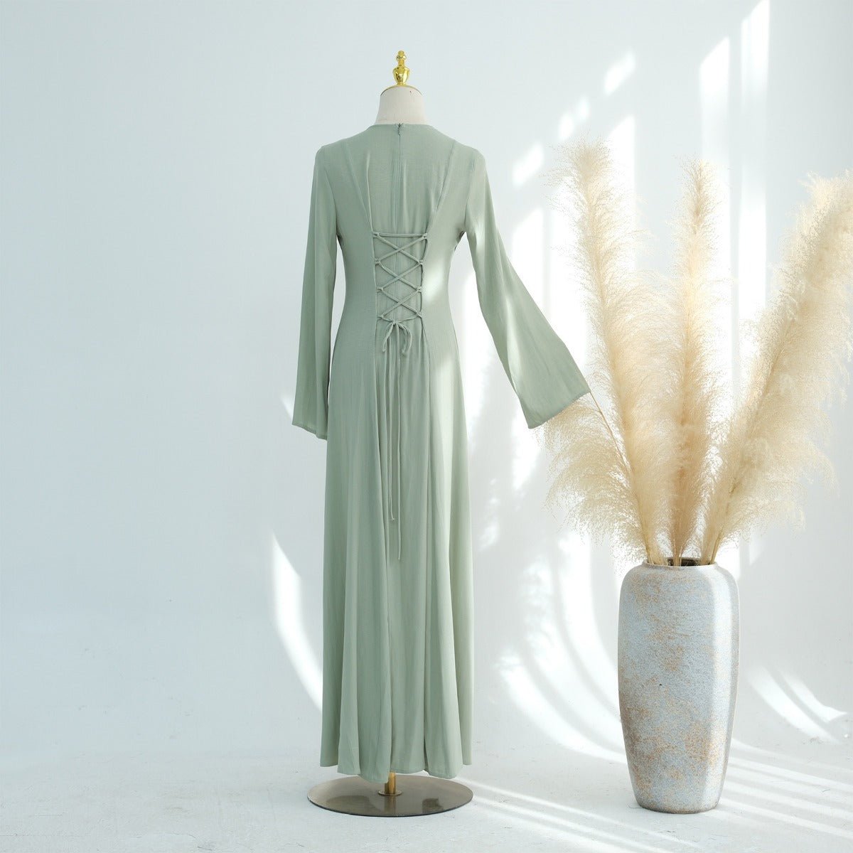 Elegant Solid Color Robe Abaya Back - Tie Dressing Gown Style Abaya with Flared Sleeves. (MA215) - Mariam's Collection