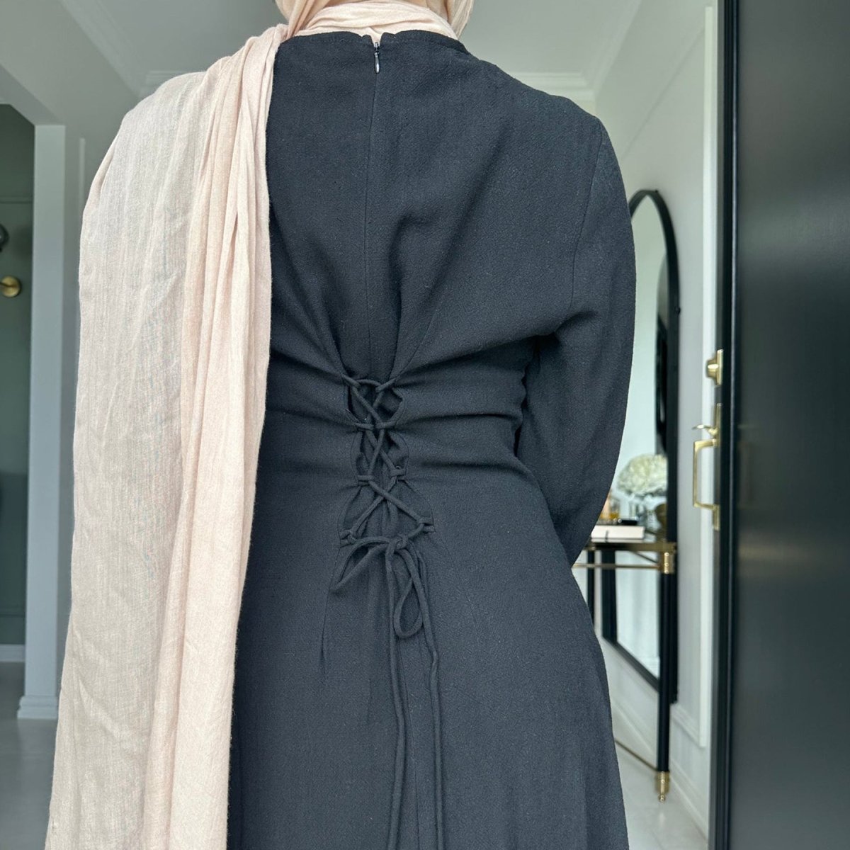 Elegant Solid Color Robe Abaya Back - Tie Dressing Gown Style Abaya with Flared Sleeves. (MA215) - Mariam's Collection
