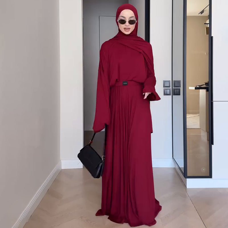 Elegant Solid Color Two - Piece Set | Side Slit Long Sleeve Top & Pleated Skirt(MS135) - Mariam's Collection