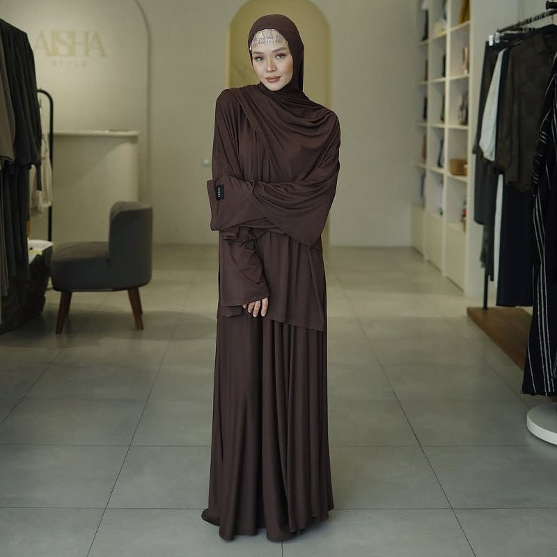 Elegant Solid Color Two - Piece Set | Side Slit Long Sleeve Top & Pleated Skirt(MS135) - Mariam's Collection