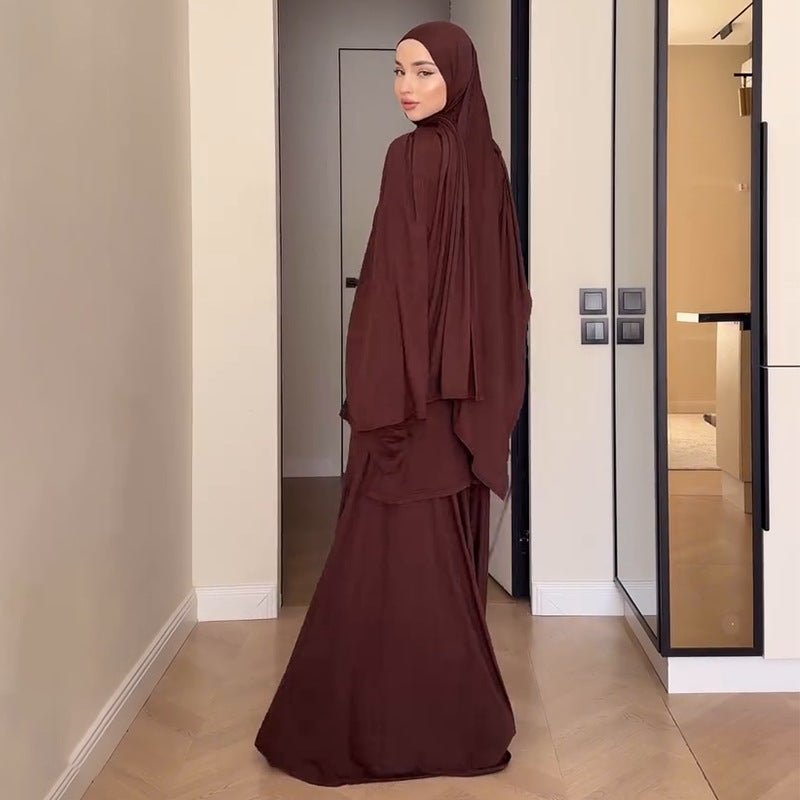 Elegant Solid Color Two - Piece Set | Side Slit Long Sleeve Top & Pleated Skirt(MS135) - Mariam's Collection