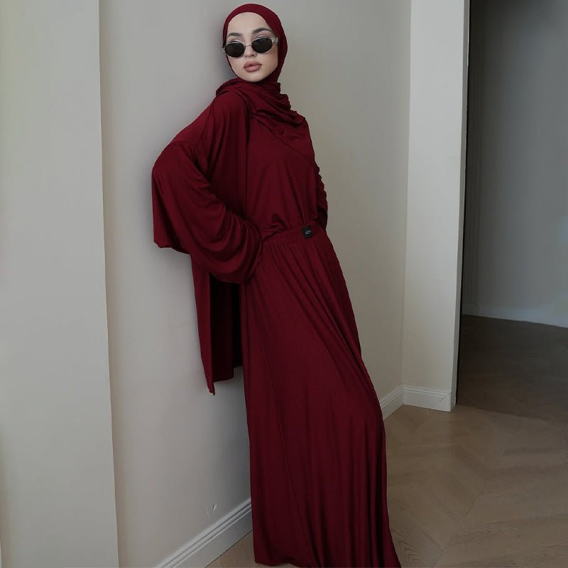 Elegant Solid Color Two - Piece Set | Side Slit Long Sleeve Top & Pleated Skirt(MS135) - Mariam's Collection