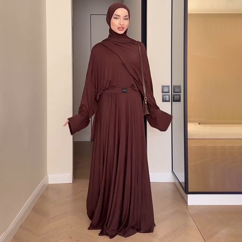 Elegant Solid Color Two - Piece Set | Side Slit Long Sleeve Top & Pleated Skirt(MS135) - Mariam's Collection