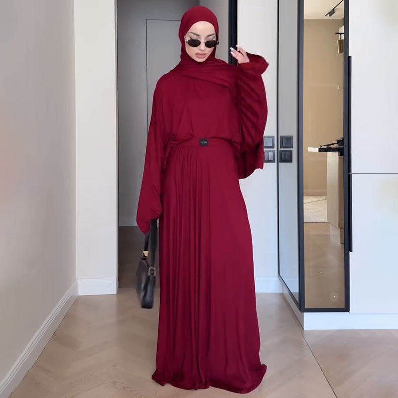 Elegant Solid Color Two - Piece Set | Side Slit Long Sleeve Top & Pleated Skirt(MS135) - Mariam's Collection