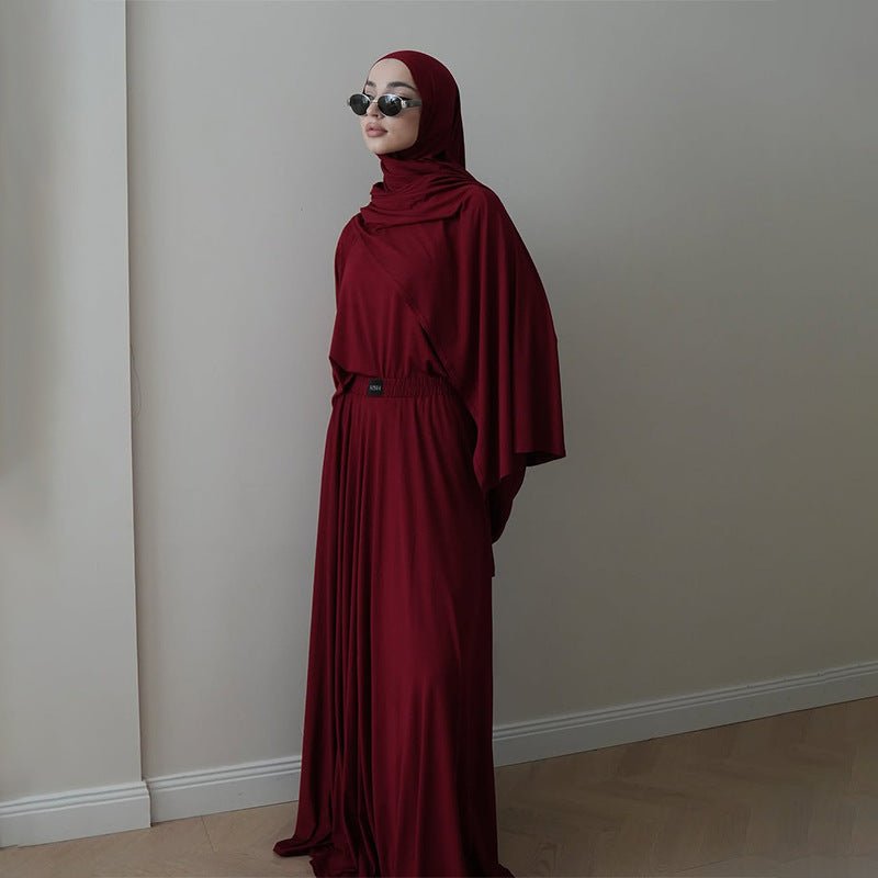 Elegant Solid Color Two - Piece Set | Side Slit Long Sleeve Top & Pleated Skirt(MS135) - Mariam's Collection