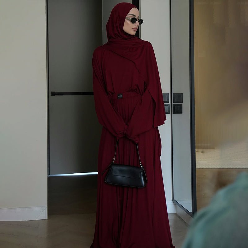 Elegant Solid Color Two - Piece Set | Side Slit Long Sleeve Top & Pleated Skirt(MS135) - Mariam's Collection