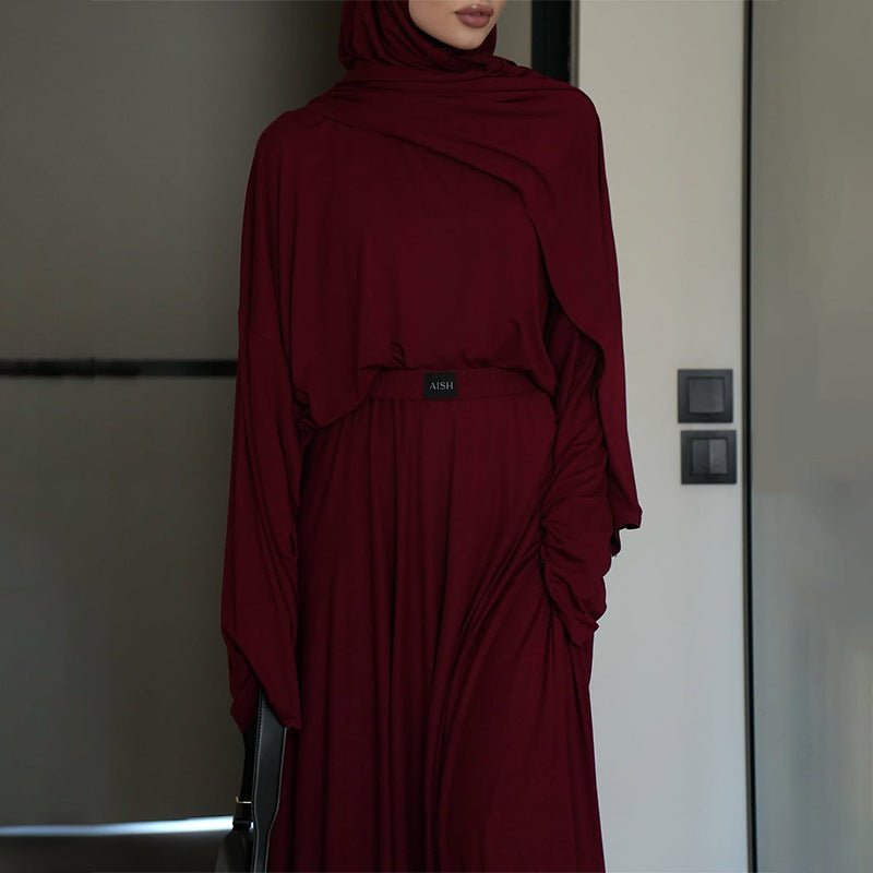 Elegant Solid Color Two - Piece Set | Side Slit Long Sleeve Top & Pleated Skirt(MS135) - Mariam's Collection