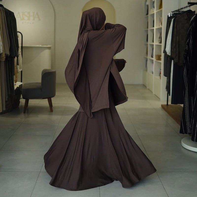 Elegant Solid Color Two - Piece Set | Side Slit Long Sleeve Top & Pleated Skirt(MS135) - Mariam's Collection