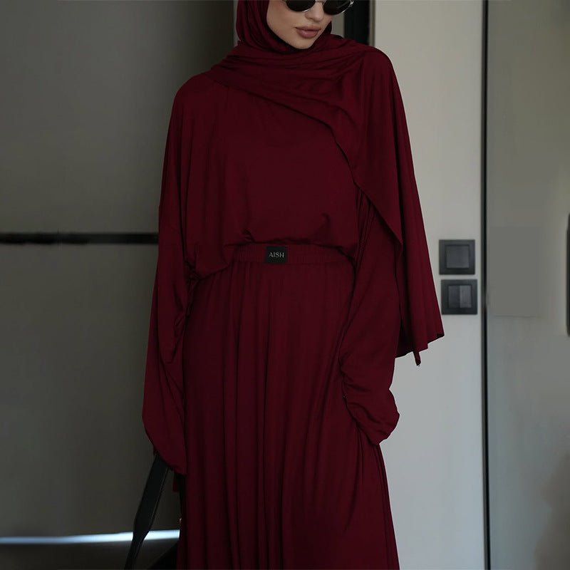 Elegant Solid Color Two - Piece Set | Side Slit Long Sleeve Top & Pleated Skirt(MS135) - Mariam's Collection