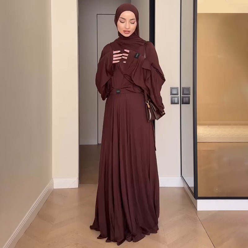 Elegant Solid Color Two - Piece Set | Side Slit Long Sleeve Top & Pleated Skirt(MS135) - Mariam's Collection