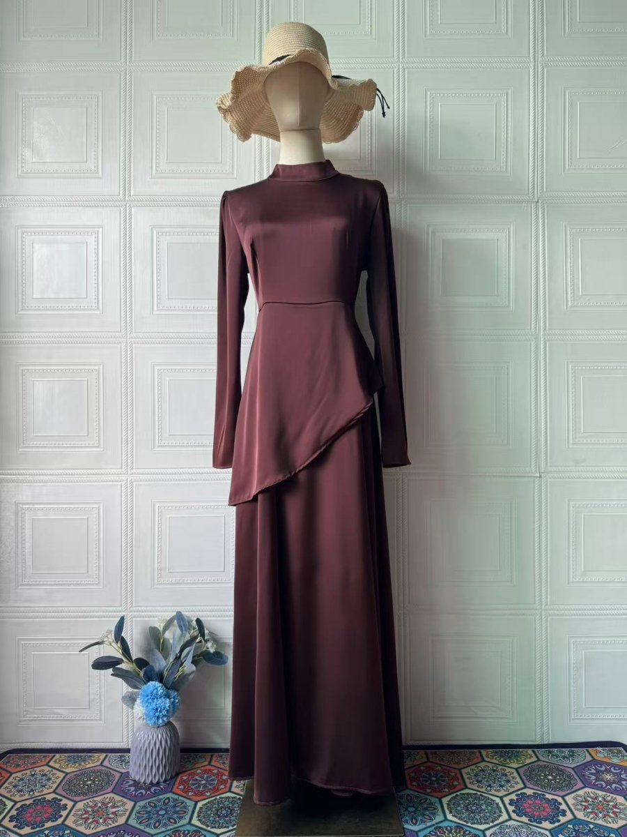 Elegant Solid Color Waist - Defining Exotic Long - Sleeve Midi/Maxi Dress Abaya with Asymmetric Hem. (MA216) - Mariam's Collection