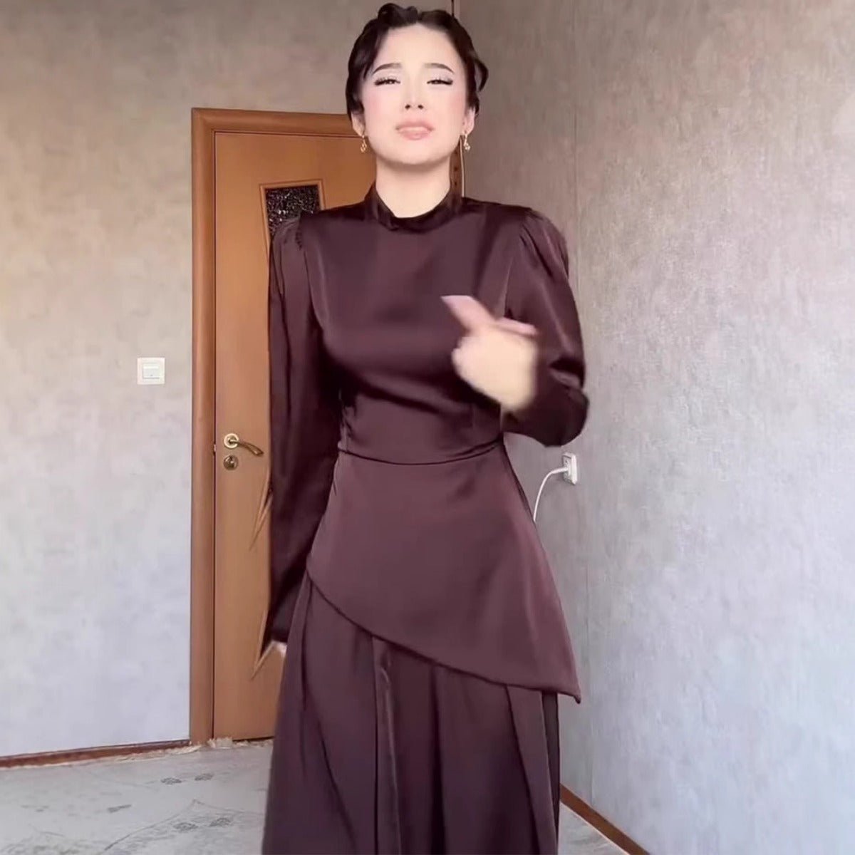 Elegant Solid Color Waist - Defining Exotic Long - Sleeve Midi/Maxi Dress Abaya with Asymmetric Hem. (MA216) - Mariam's Collection