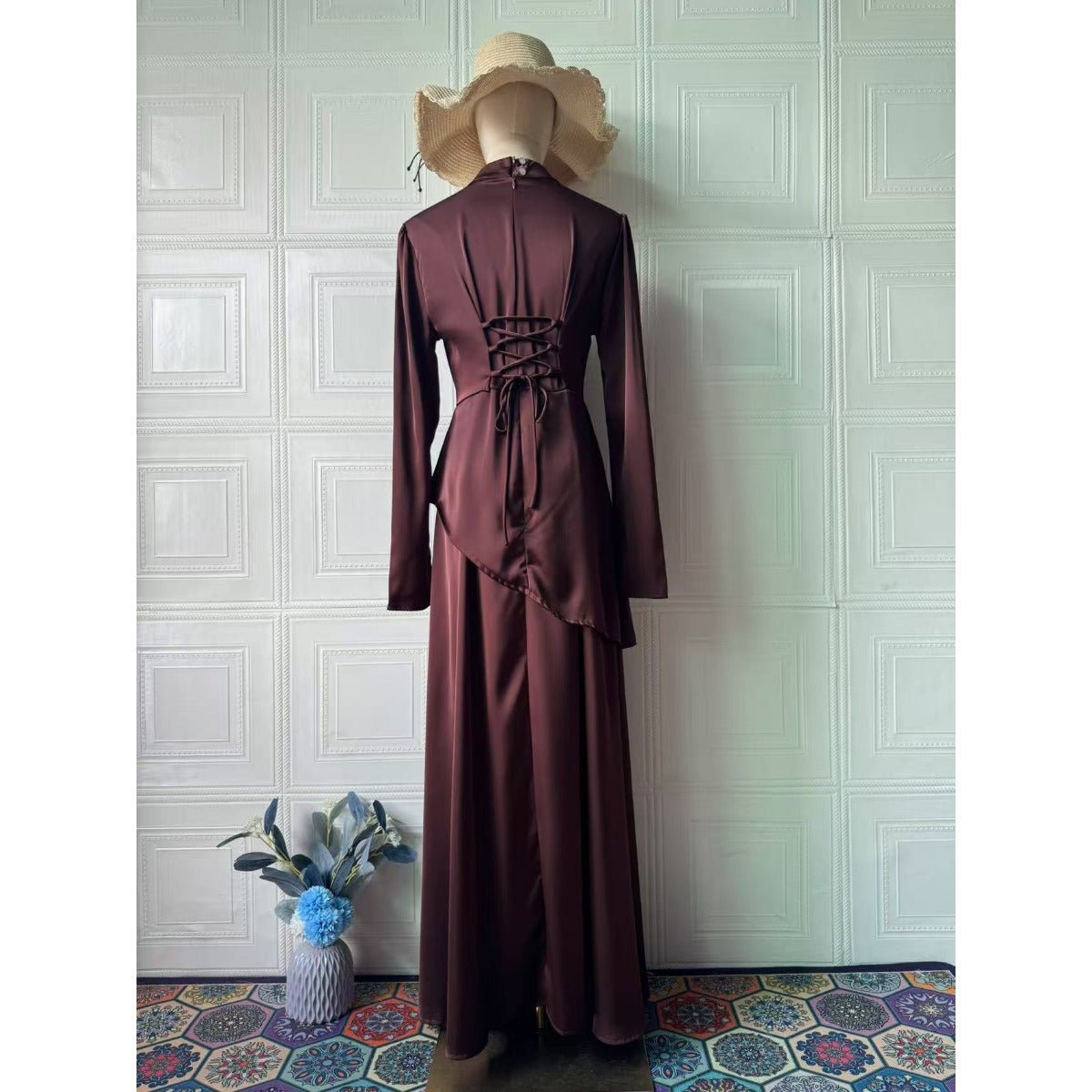 Elegant Solid Color Waist - Defining Exotic Long - Sleeve Midi/Maxi Dress Abaya with Asymmetric Hem. (MA216) - Mariam's Collection