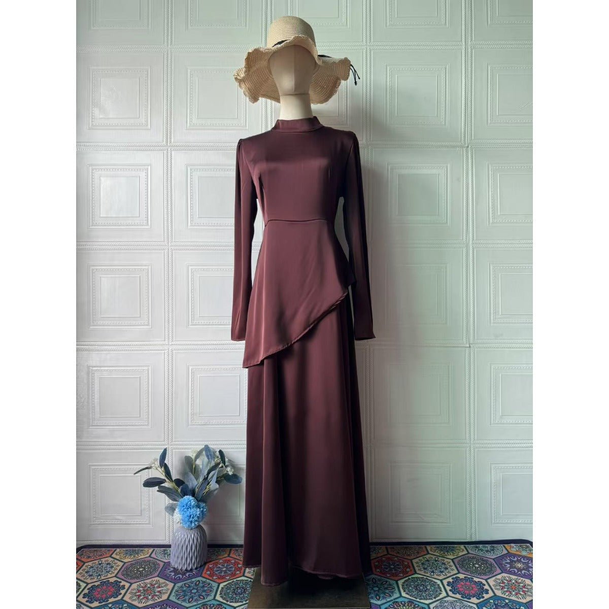 Elegant Solid Color Waist - Defining Exotic Long - Sleeve Midi/Maxi Dress Abaya with Asymmetric Hem. (MA216) - Mariam's Collection