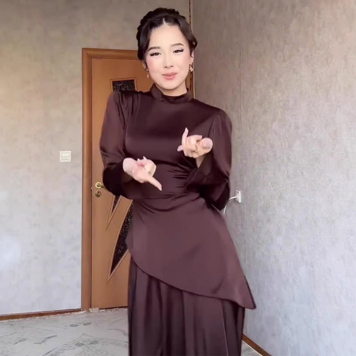 Elegant Solid Color Waist - Defining Exotic Long - Sleeve Midi/Maxi Dress Abaya with Asymmetric Hem. (MA216) - Mariam's Collection