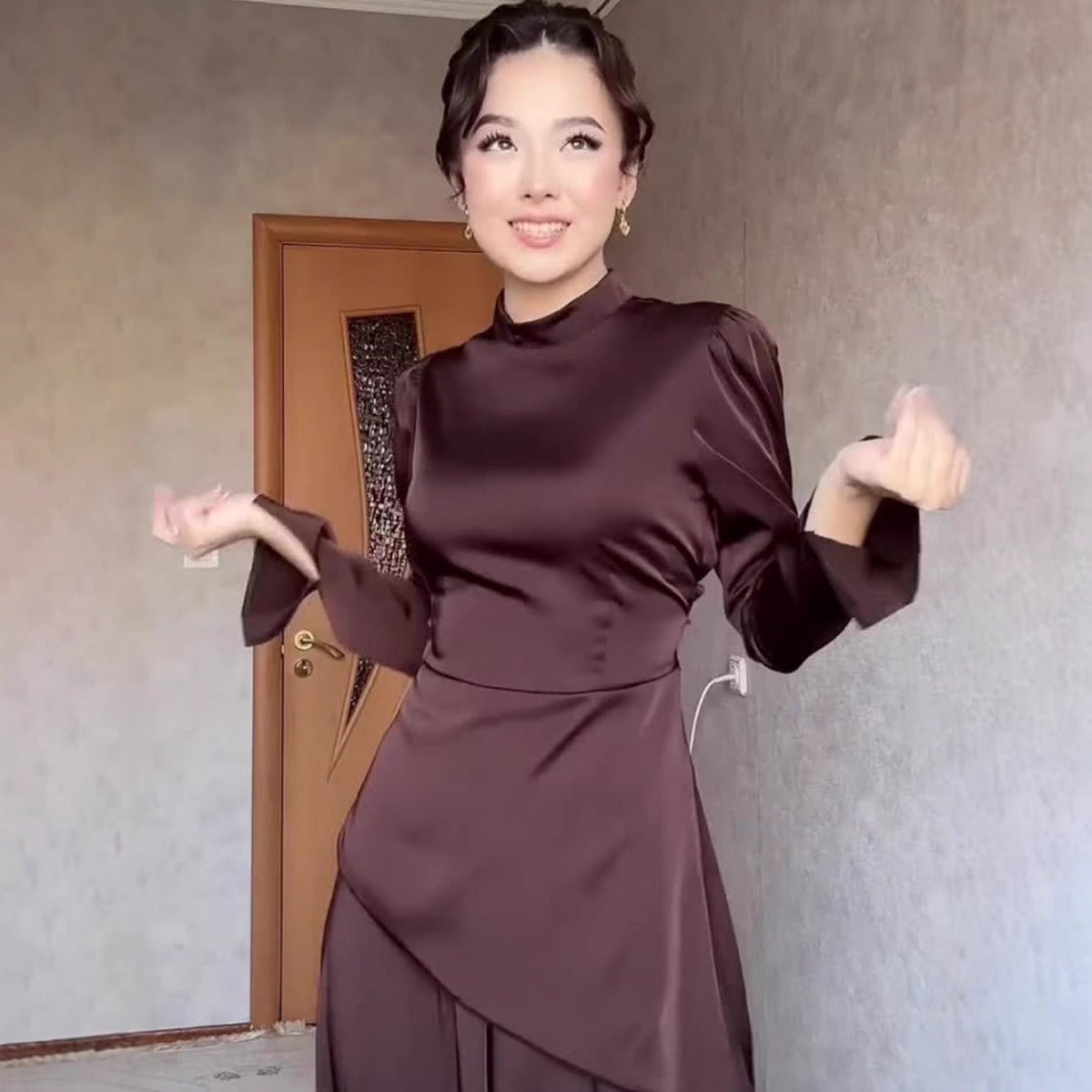 Elegant Solid Color Waist - Defining Exotic Long - Sleeve Midi/Maxi Dress Abaya with Asymmetric Hem. (MA216) - Mariam's Collection