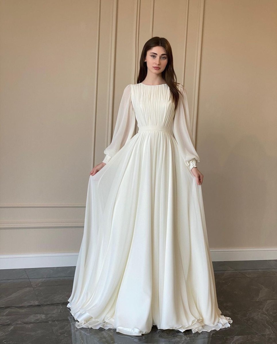 Elegant Spring Fairy Swing French Court - Style White Chiffon Princess Dress Abaya with Lantern Sleeves. (MA180) - Mariam's Collection