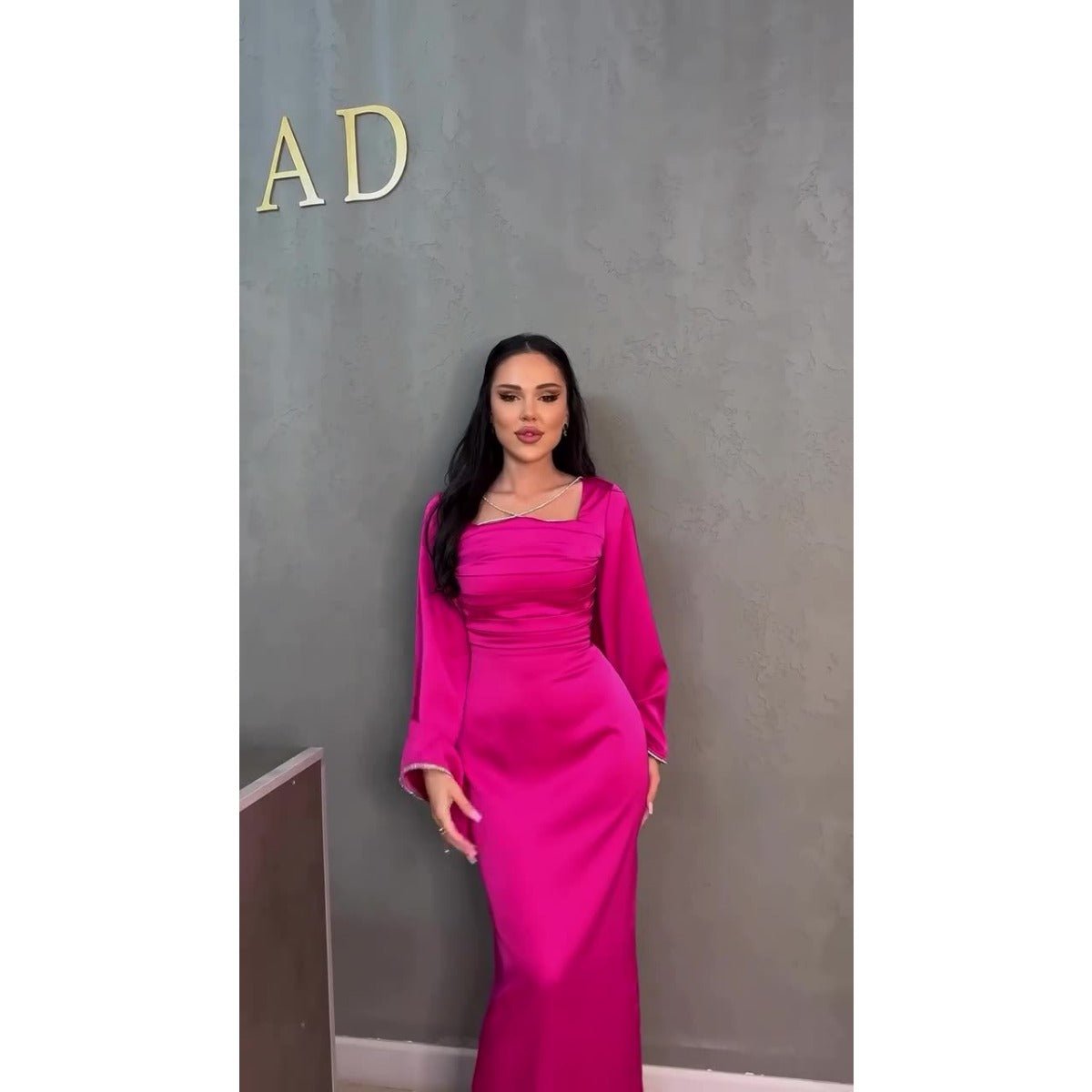 Elegant Square Neck Silk Satin Diamond Necklace Long Sleeve Gown with Flared Cuffs. (MA225) - Mariam's Collection