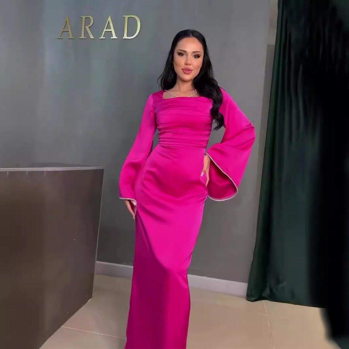 Elegant Square Neck Silk Satin Diamond Necklace Long Sleeve Gown with Flared Cuffs. (MA225) - Mariam's Collection