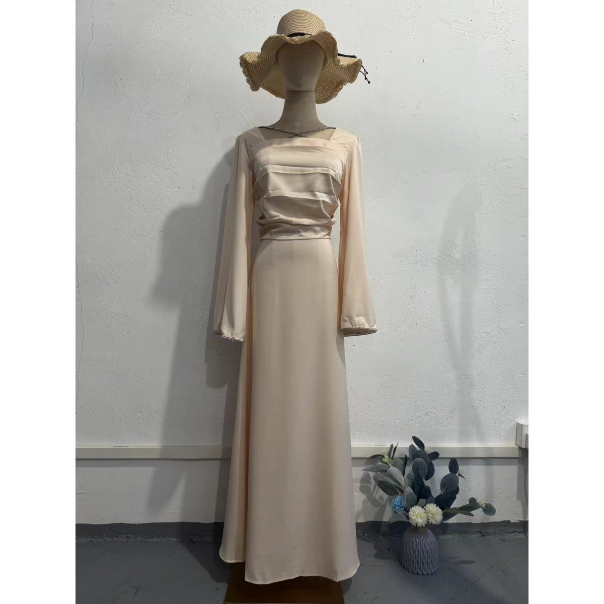 Elegant Square Neck Silk Satin Diamond Necklace Long Sleeve Gown with Flared Cuffs. (MA225) - Mariam's Collection